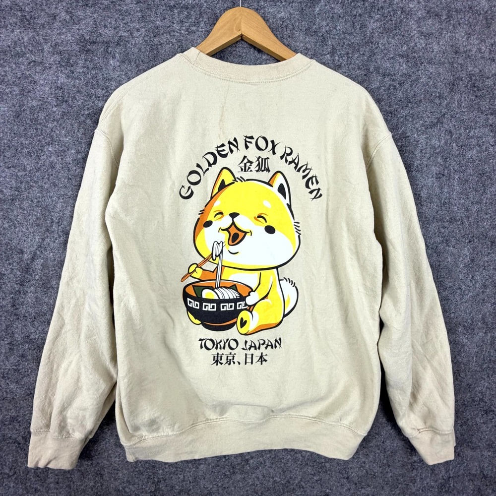 SCW Golden Fox Ramen Sweatshirt Mens Medium Beige Graphic Cotton Fleece Lined